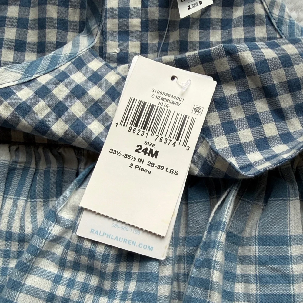 NWT Ralph Lauren Baby Gingham Madras Tiered Ruffle Cotton Dress BlueWhite 24 mos